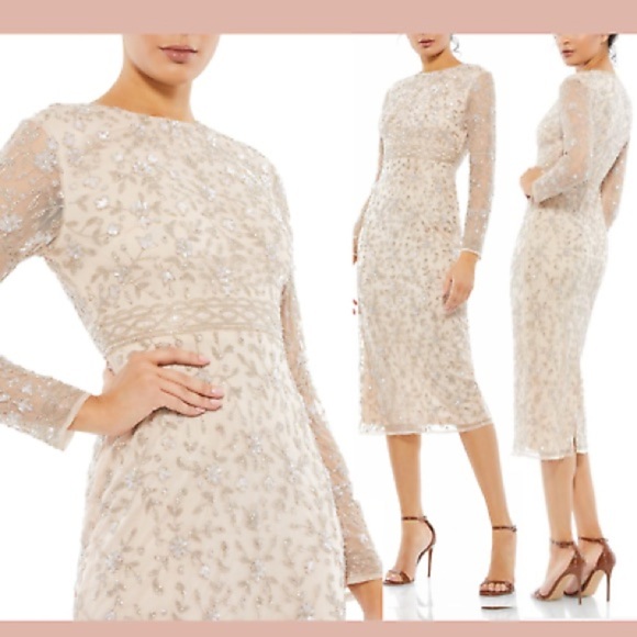 Mac Duggal Beige Beaded Tea Length Dress w/ Sheer Sleeves - Picture 1 of 14